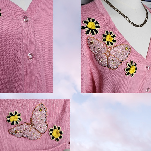 Vtg 80 90s Storybook Knit Pink Yellow Butterfly Flower Coquette Spring Sweater M - Picture 6 of 7